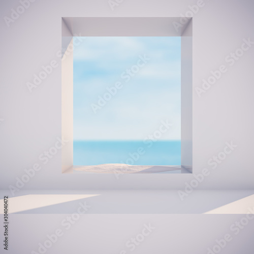 Winter scene with geometrical forms  square frame. sea view. 3D render background.