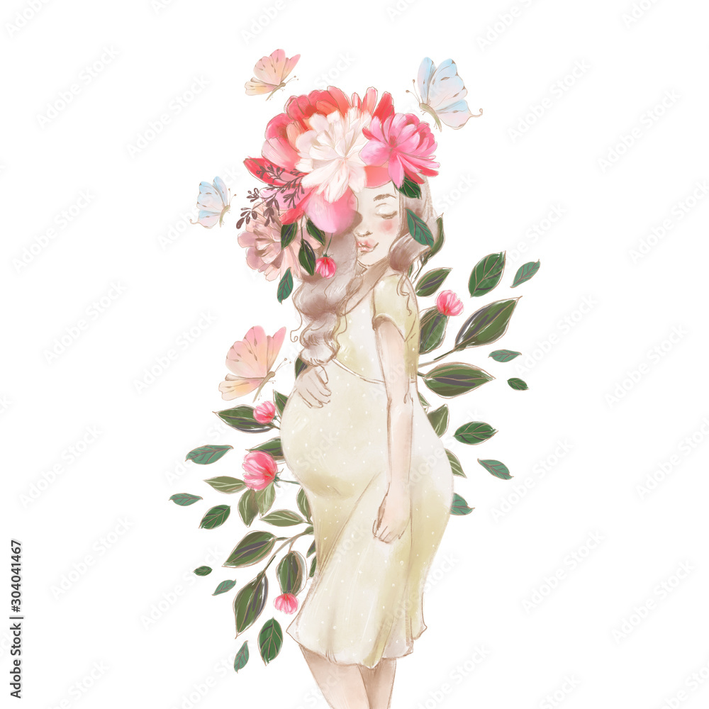 Beautiful pregnant woman with flowers and butterfly watercolor illustration Stock Illustration