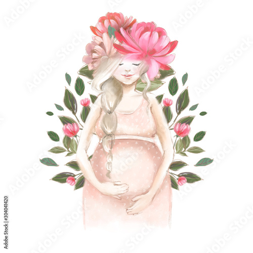 Beautiful pregnant woman with flowers watercolor illustration