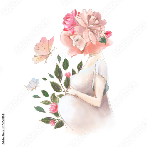 Fototapeta Naklejka Na Ścianę i Meble -  Beautiful pregnant woman with flowers and butterfly watercolor illustration