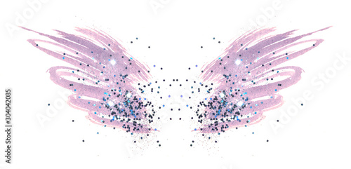 Blue glitter on abstract pink watercolor wings on white background, beautiful shiny feathers