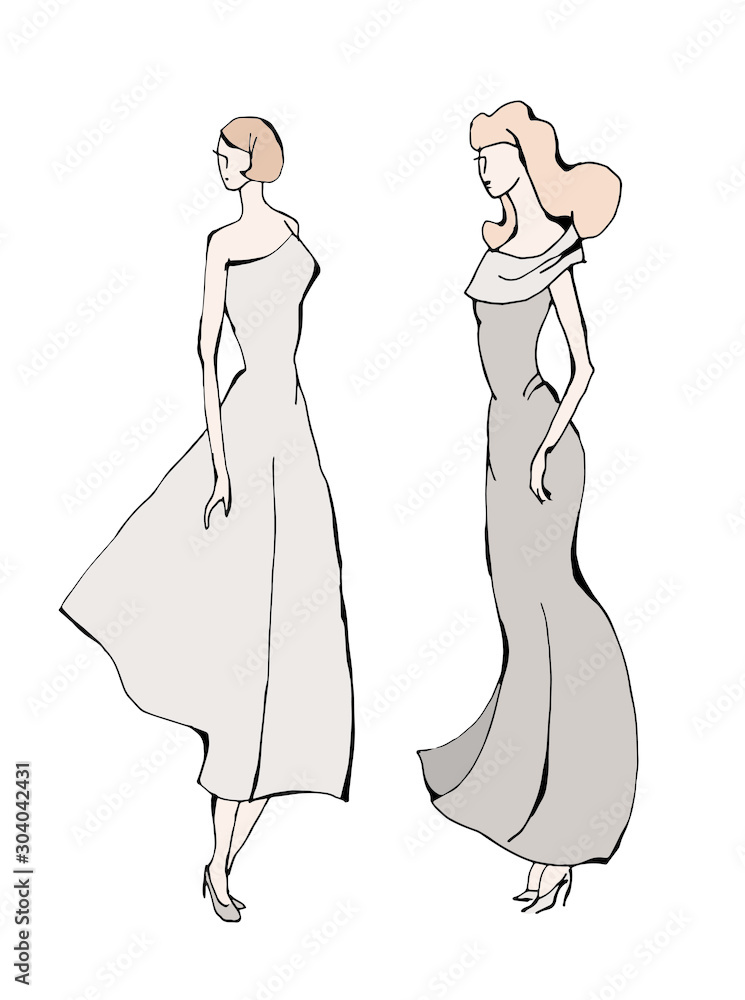 Woman's silhouettes, girls in long evening dresses. Fashion illustration, hand drawn sketch. Vector, isolated on white. Woman's silhouettes, girls in long evening dresses. Fashion illustration, hand drawn sketch. Vector, isolated on white.