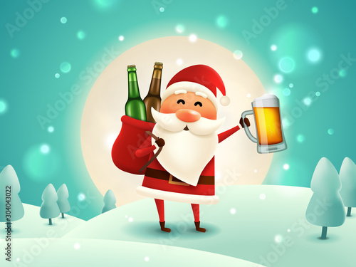 Christmas beer poster. Drunk Santa holding beer mug in the moonlight. The sack with craft beer bottles. Winter forest background