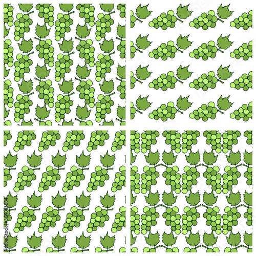 Set of geometric patterns with bunches of green grapes and leaves. Vector background.