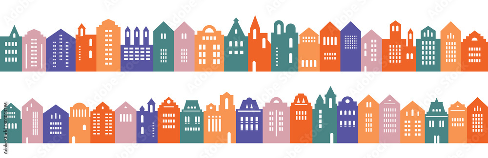 Colorful сlassic and vintage houses in a row. Vector illustration in flat style. Horizontal seamless border. 