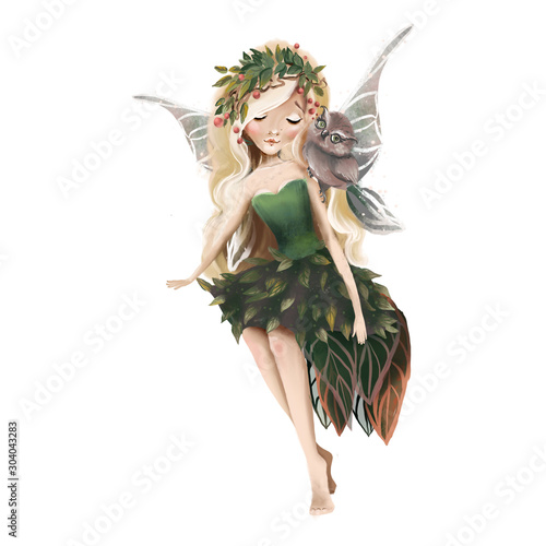 Cute hand drawn fairy with owl in floral wreath, flowers bouquet, woodland watercolor illustration