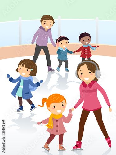 Stickman Kids Ice Skating Indoor Illustration