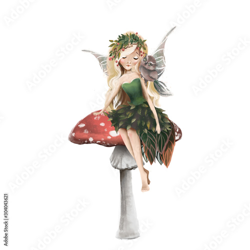 Cute hand drawn fairy in floral wreath, sitting on mushroom, woodland watercolor illustration