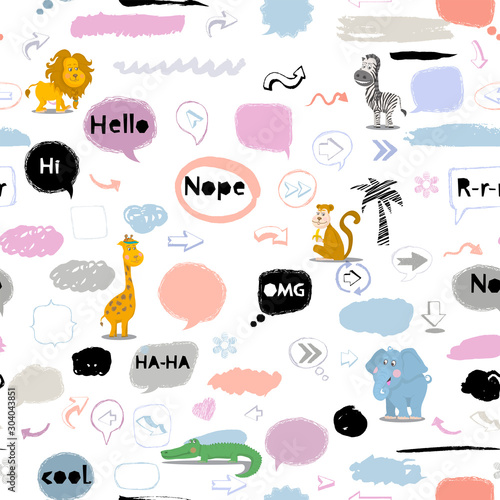 Vector seamless pattern with african animals and speech bubbless © AldanNa