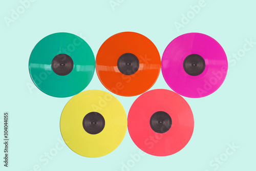 Isolated colored vinyl records collection. Top view.