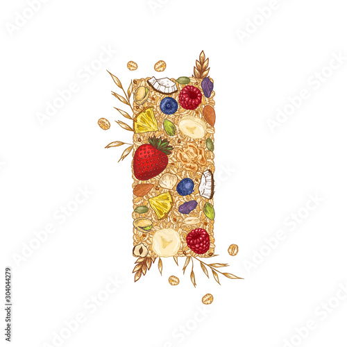 Granola bar with cereals. Engraved style illustration. Various berries, fruits and nuts. Vector illustration