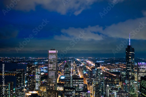 city skyline aerial night view in Chicago, America