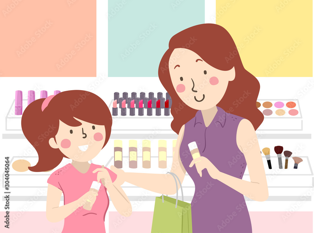 Mom Teach Teen Kid Make Up Shopping Illustration Mom Teach Teen Kid Make Up Shopping Illustration