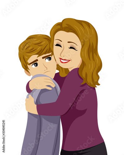 Teen Boy Mom Hug Feel Awkward Illustration