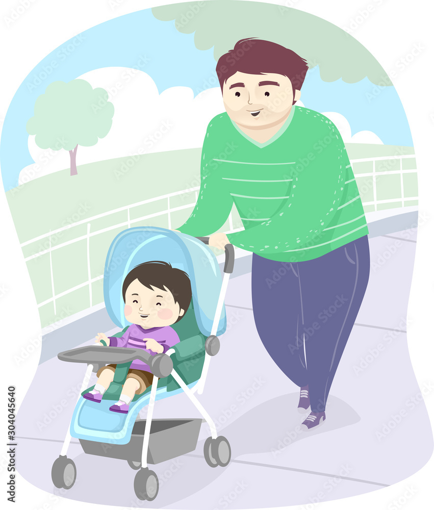 Kid Boy Dad Man Stroller Park Illustration Kid Boy Dad Man Stroller Park Illustration