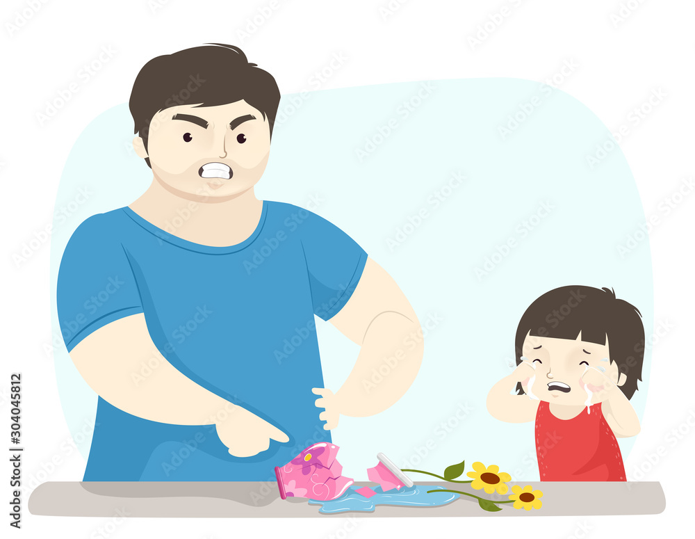 Kid Girl Dad Man Angry Break Vase Illustration