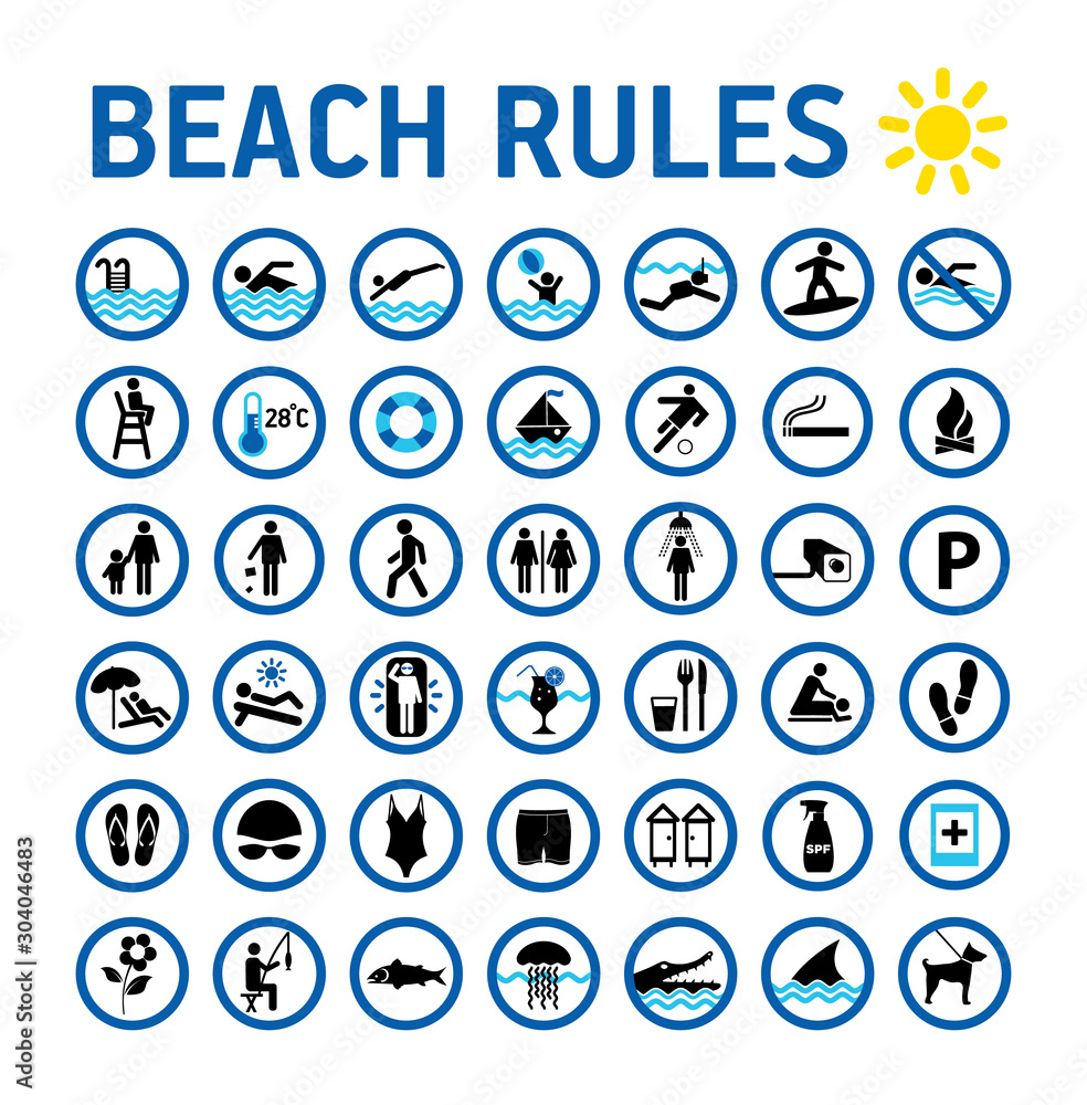 Beach rules icons set and sighns on white with desihn in circles. Set of icons and symbol for prohibited items. Beach rules icons set and sighns on white with desihn in circles. Set of icons and symbol for prohibited items.