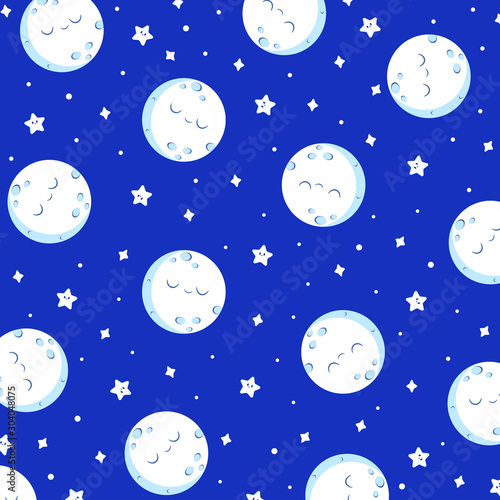 Vector cartoon pattern for printing with a full kawaii moon and cute star shapes in the night sky. 