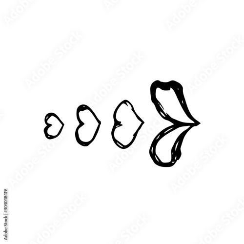 Air kiss with lips and hearts. Hand drawing sketch for Valentine's Day. Black outline can be printed on textile, wallpaper, wrapping paper, greeting cards, used in logo, banner, landing page. Vector