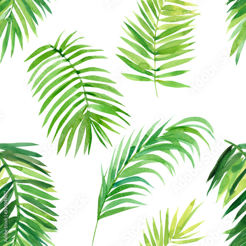 seamless pattern  watercolor tropical leaves on isolated white background  digital paper