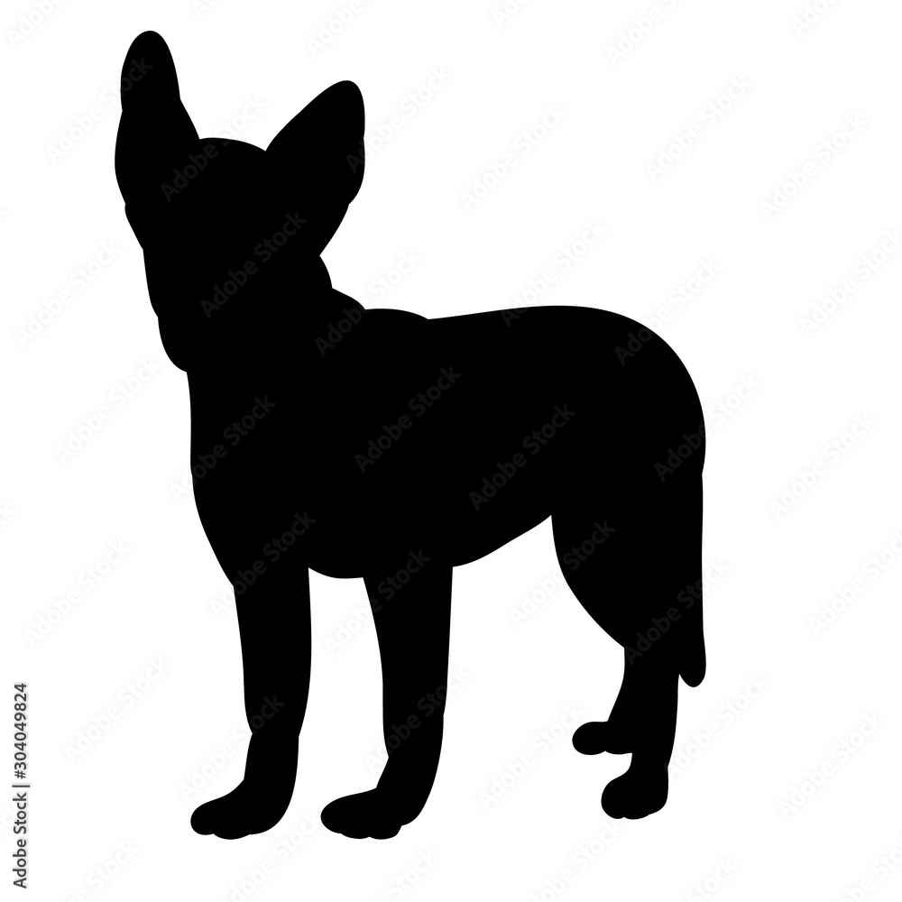 vector, on a white background, black silhouette of a small dog standing