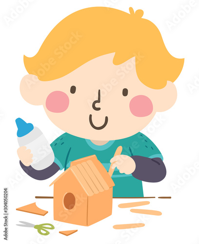 Kid Boy Make Bird House Illustration