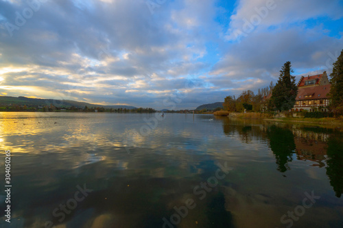 On Lake Constance in autumn. Near the castle Oberstaad. whose tower is about 800 years old. On the horizon begins at the Swiss town of Stein am Rhein  the Rhine River its way out of Lake Constance.