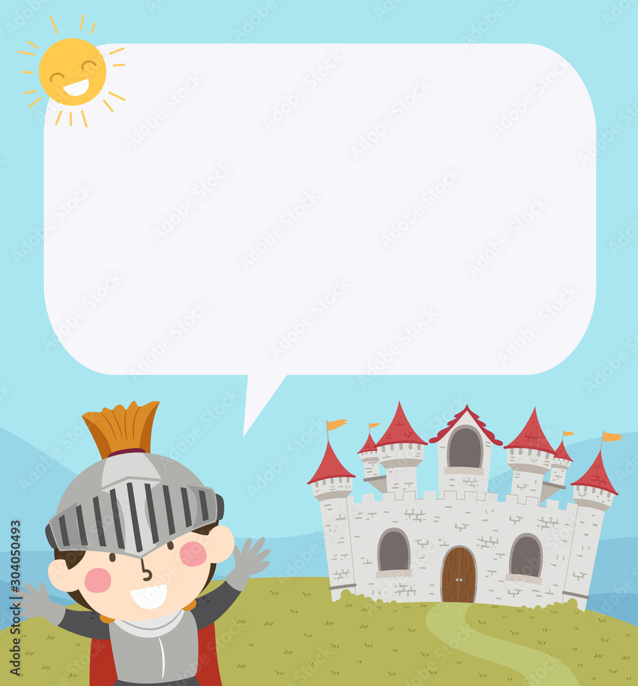 Fotografie Kid Boy Knight Castle Speech Bubble Illustration