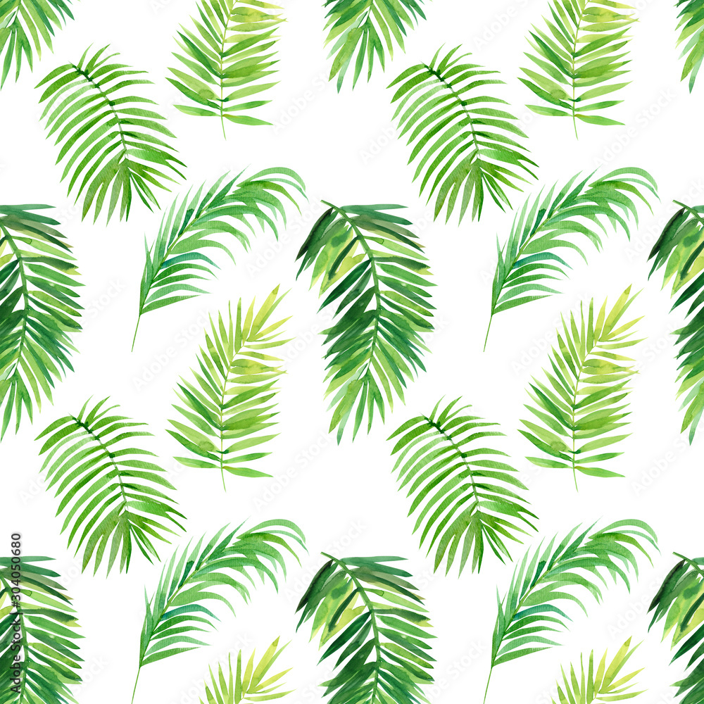 seamless pattern, watercolor tropical leaves on isolated white background, digital paper