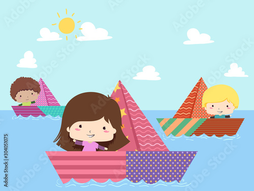 Kids Colored Paper Boats Il...