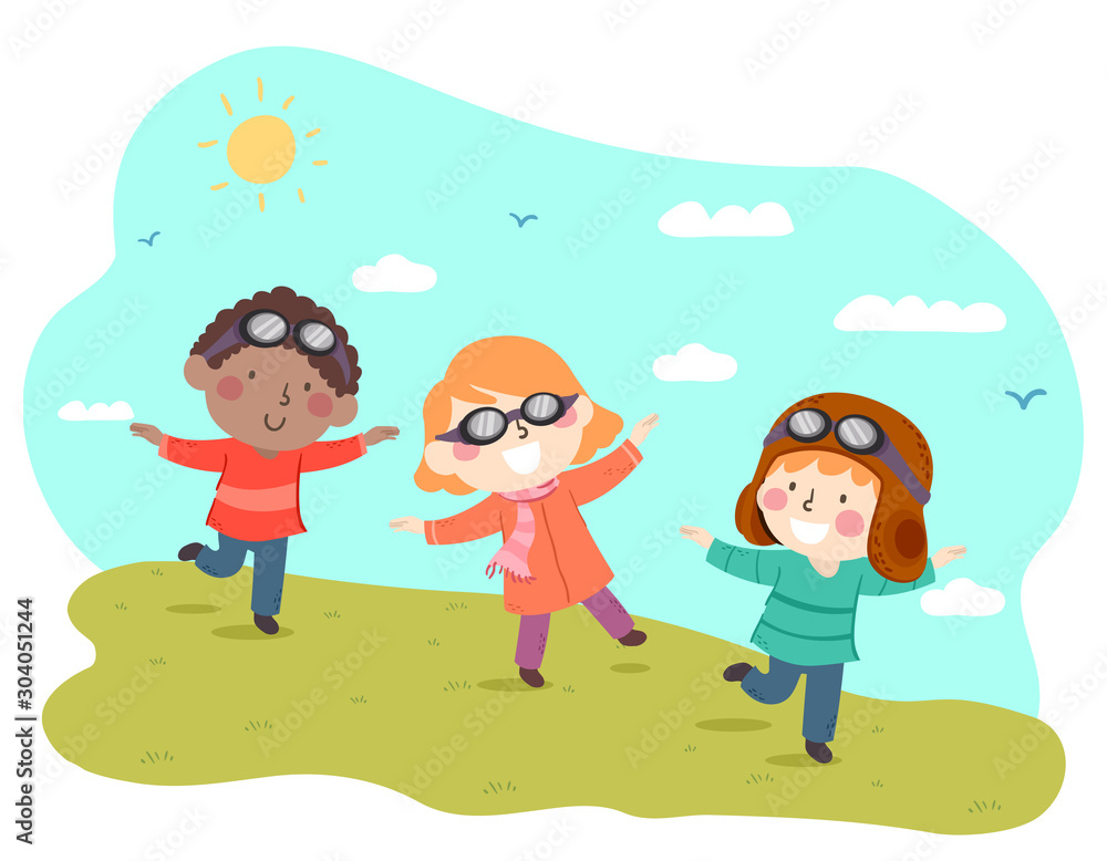 Kids Play Flying Fields Illustration Kids Play Flying Fields Illustration