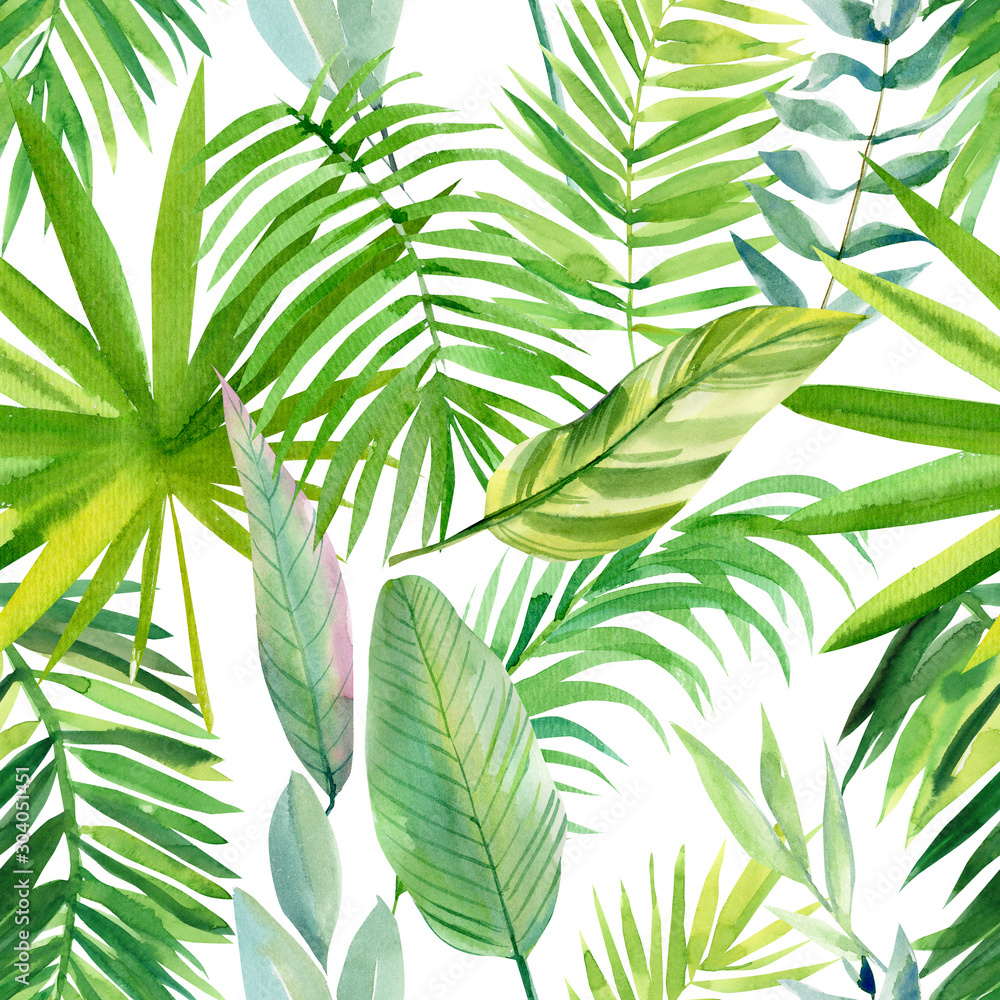 seamless pattern, watercolor tropical leaves on isolated white ...