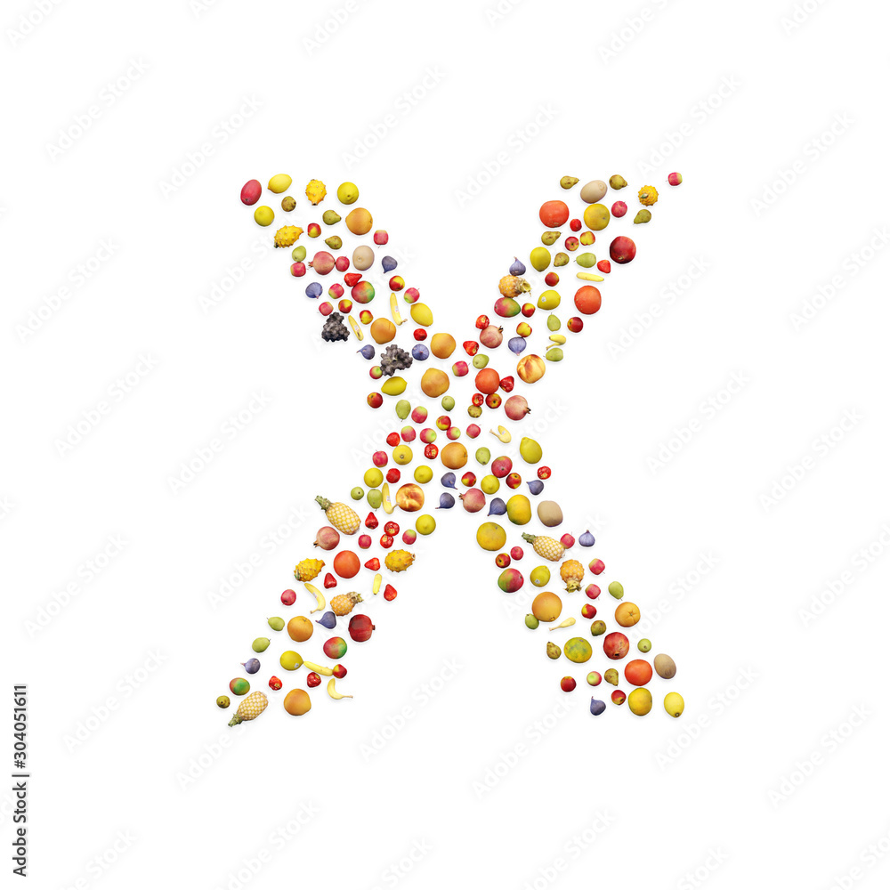 Vegetarian ABC. Fruits on white background forming letter X Vegetarian ABC. Fruits on white background forming letter X