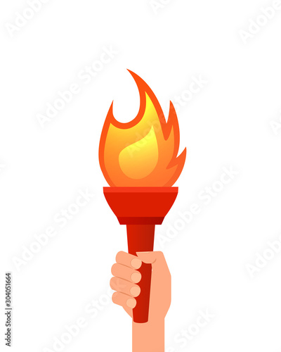 Hand holding flaming torch. Clipart image isolated on white background