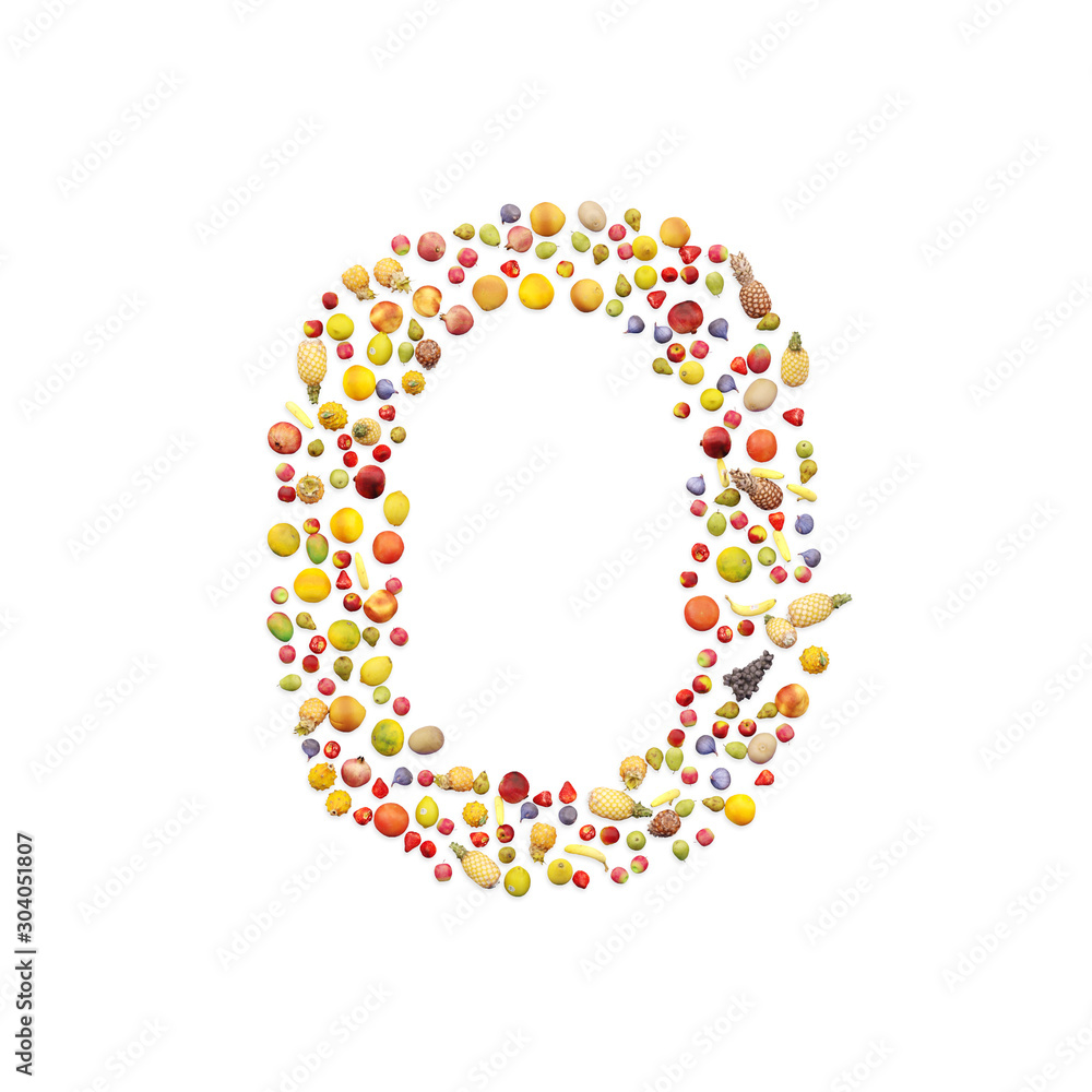 Vegetarian ABC. Fruits on white background forming letter O Vegetarian ABC. Fruits on white background forming letter O