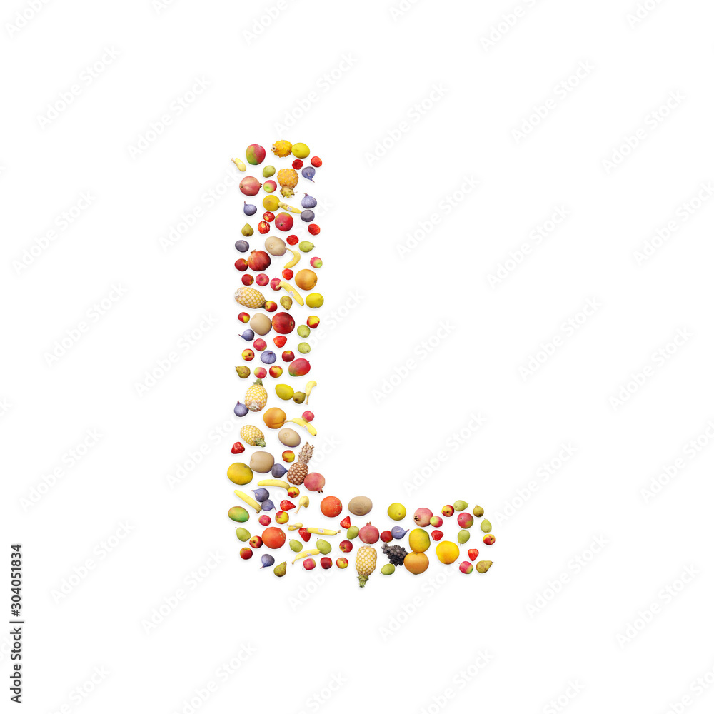Vegetarian ABC. Fruits on white background forming letter L Vegetarian ABC. Fruits on white background forming letter L