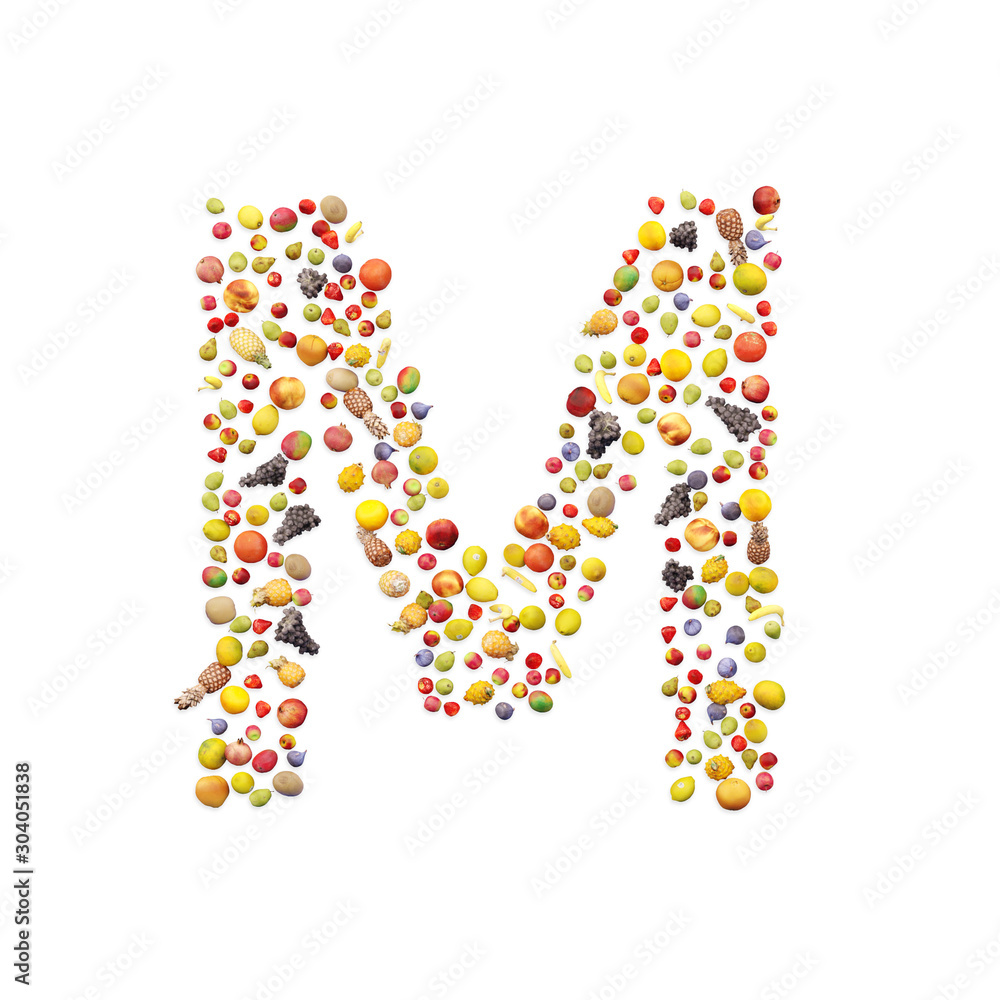 Vegetarian ABC. Fruits on white background forming letter M Vegetarian ABC. Fruits on white background forming letter M
