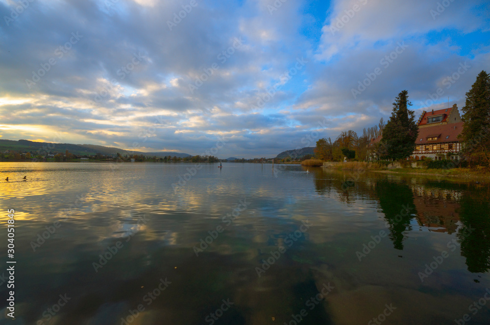 On Lake Constance in autumn. Near the castle Oberstaad. whose tower is about 800 years old. On the horizon begins at the Swiss town of Stein am Rhein, the Rhine River its way out of Lake Constance. On Lake Constance in autumn. Near the castle Oberstaad. whose tower is about 800 years old. On the horizon begins at the Swiss town of Stein am Rhein, the Rhine River its way out of Lake Constance.