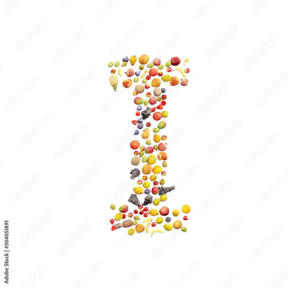 Vegetarian ABC. Fruits on white background forming letter I