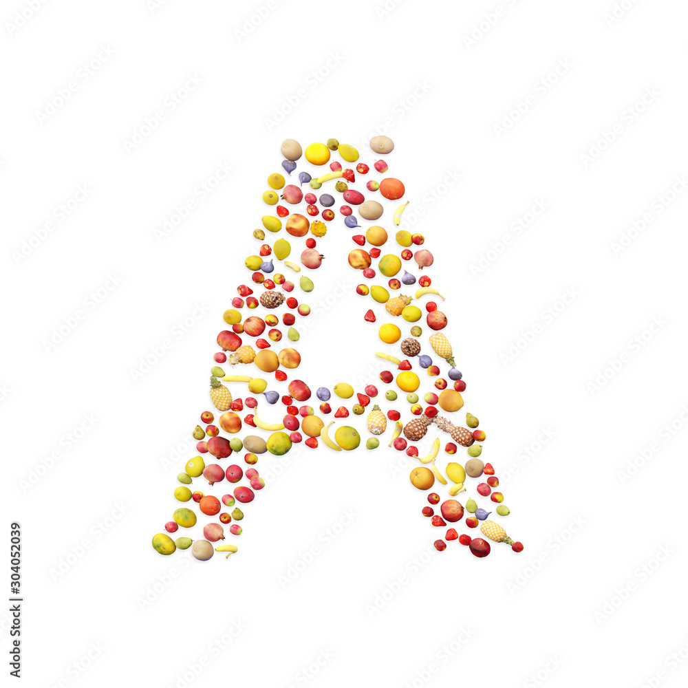 Vegetarian ABC. Fruits on white background forming letter A Vegetarian ABC. Fruits on white background forming letter A