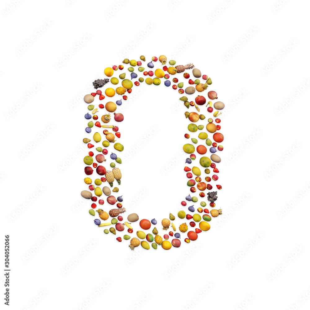 Vegetarian ABC. Fruits on white background forming number 0