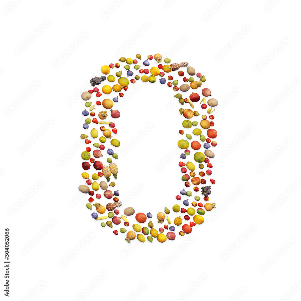 Vegetarian ABC. Fruits on white background forming number 0 Vegetarian ABC. Fruits on white background forming number 0