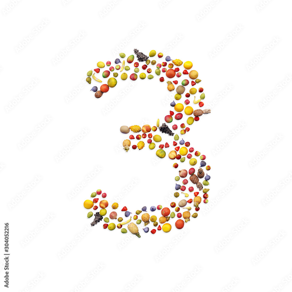 Vegetarian ABC. Fruits on white background forming number 3 Vegetarian ABC. Fruits on white background forming number 3