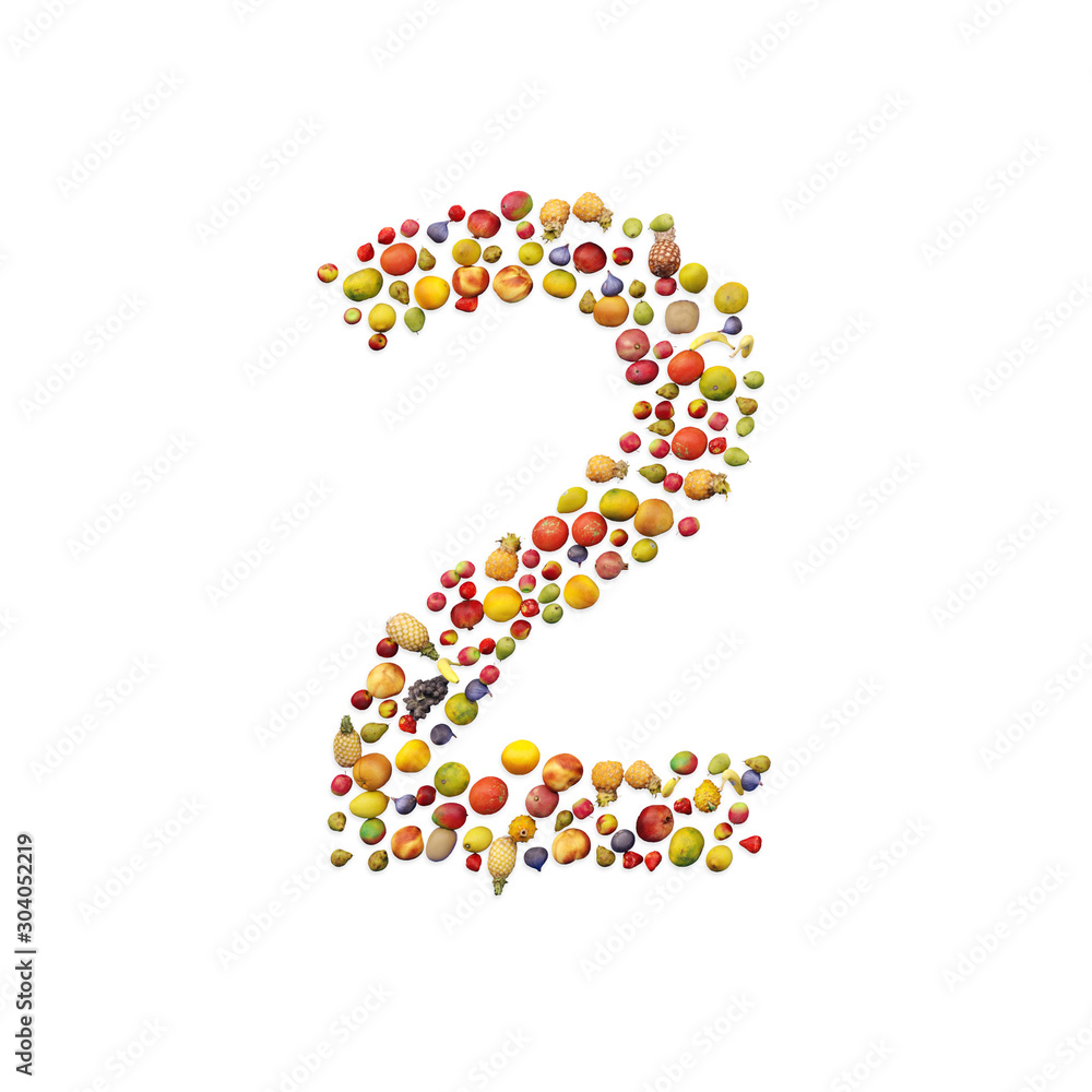 Vegetarian ABC. Fruits on white background forming number 2 Vegetarian ABC. Fruits on white background forming number 2