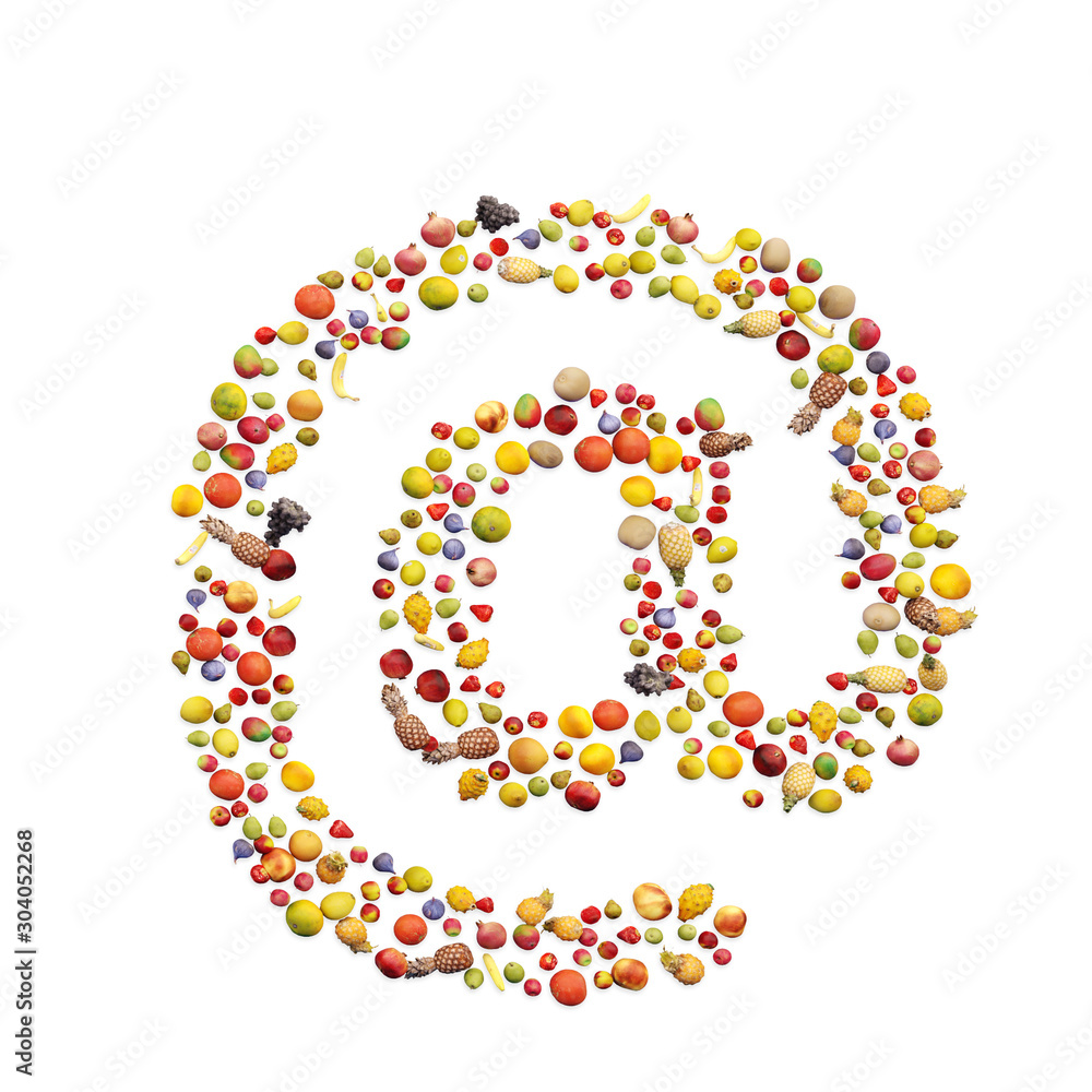 Vegetarian ABC. Fruits on white background forming @ sign Vegetarian ABC. Fruits on white background forming @ sign