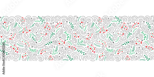 Colorful Folk Doodle Christmas Foliage, Red Holly Berries, White Background Vector Seamless Border. Winter Holiday