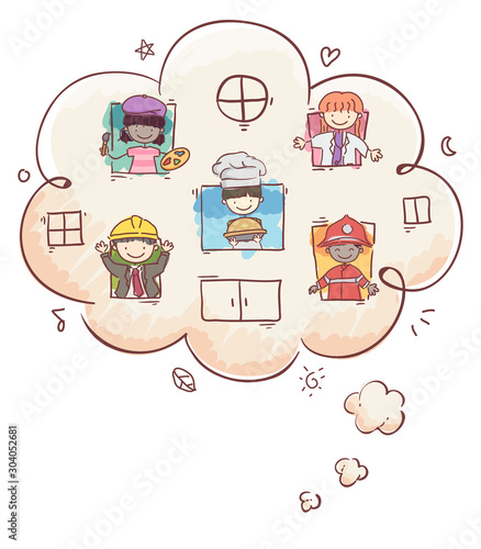 Stickman Kids Professions Thinking Cloud
