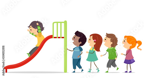 Stickman Kids Take Turns Slide Illustration