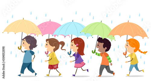 Stickman Kids Umbrella Rain Illustration