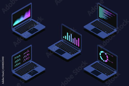 Business analytics concept with metrics and key performance indicators graph and chart on laptop computer screen showing data analysis and information strategy, EPS10 vector isometric illustration